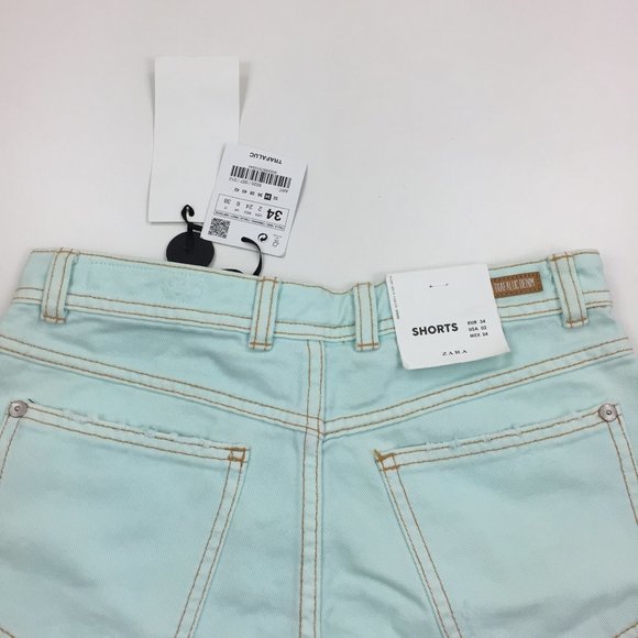 NWT ZARA Mint Green Distressed Raw Edge Hem High Rise Waist Denim Shorts - Picture 9 of 10